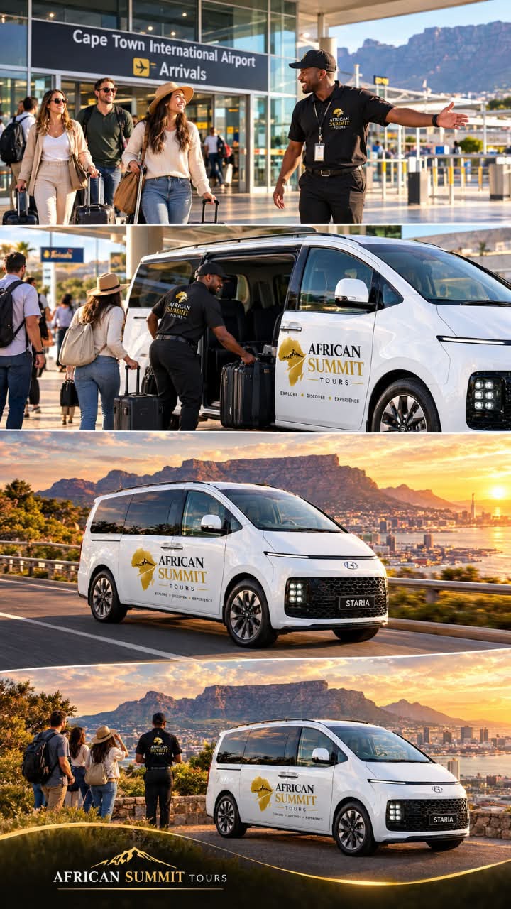 African Summit Tours transfer vehicle with Table Mountain in the background